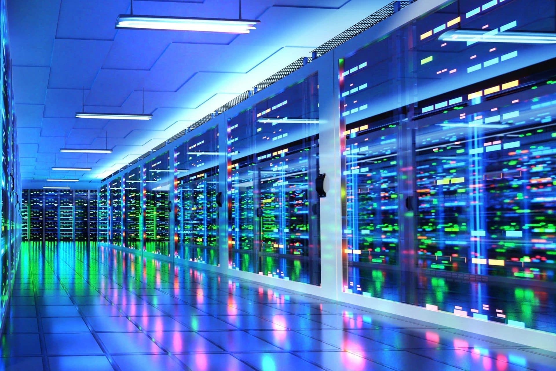 Inside a hyperscale AI data center with rows of illuminated server racks
